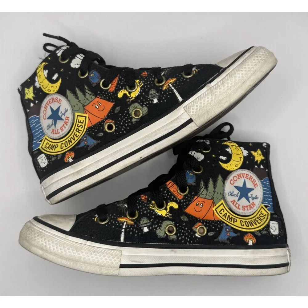Camp Converse Kids Size 1.5 All Star Hi Tops Black Canvas Sneakers Lace Up Shoes